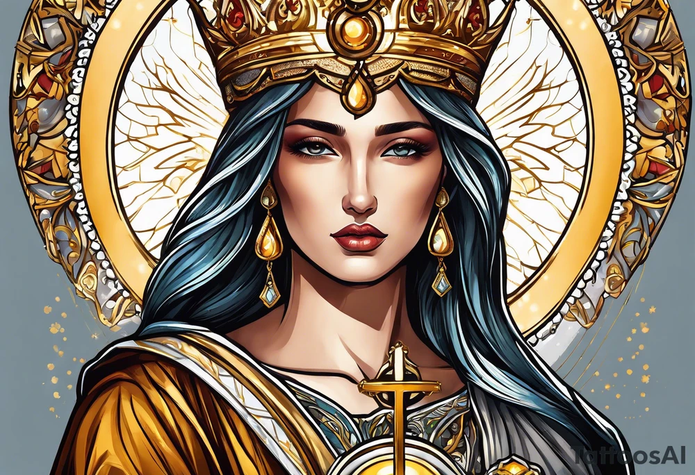 holy saint woman with golden halo holding a chalice tattoo idea