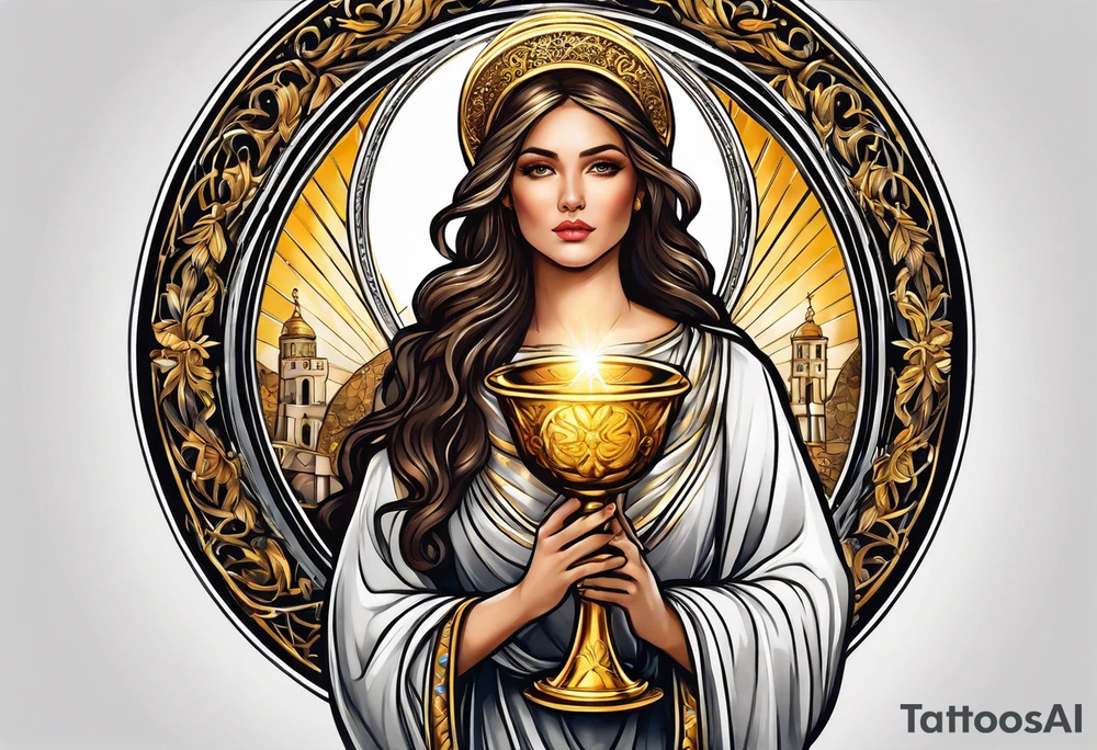 woman saint holding chalice surrounded by golden halo portrait tattoo idea