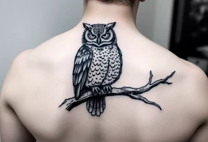 wise owl perched on ancient oak branch under starlit sky tattoo idea
