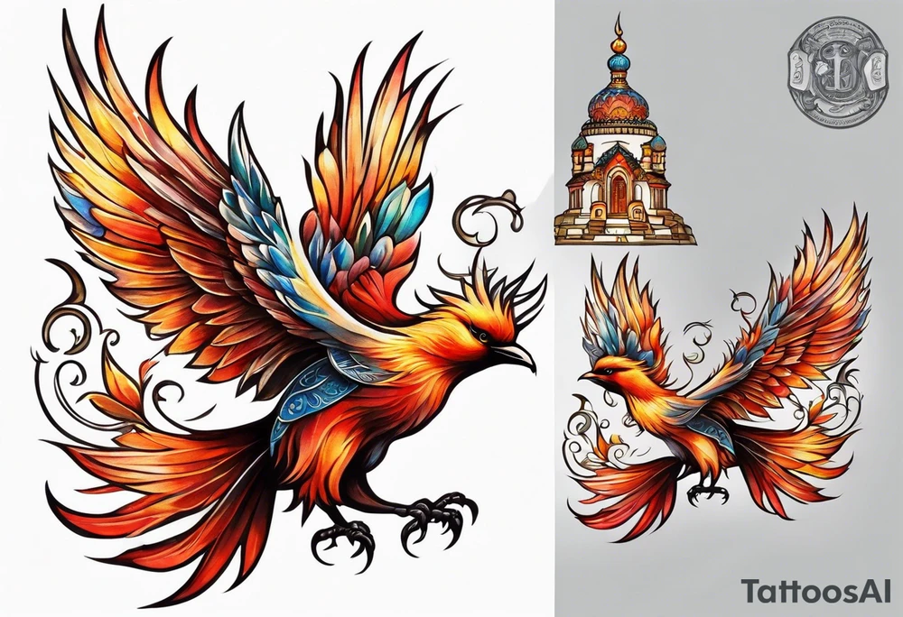 russian firebird in-flight with fancy tail and small onion cap monastery towers in background tattoo idea