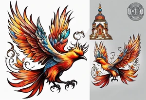 russian firebird in-flight with fancy tail and small onion cap monastery towers in background tattoo idea
