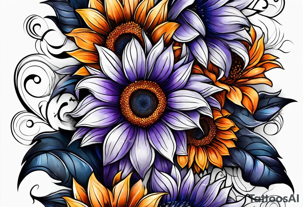 Full leg sleeve with purple, orange and blue sunflowers tattoo idea