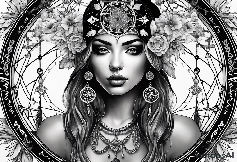 Blindfolded woman looking over a large dream catcher with the scorpio zodiac in the center queen Ann's lace flowers hanging from the bottom tattoo idea