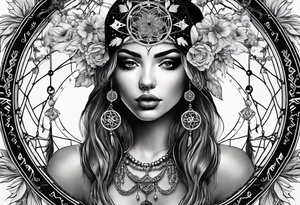 Blindfolded woman looking over a large dream catcher with the scorpio zodiac in the center queen Ann's lace flowers hanging from the bottom tattoo idea