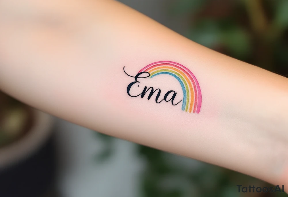 Ema written in a watercolor rainbow arc, delicate and joyful. tattoo idea