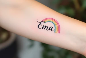Ema written in a watercolor rainbow arc, delicate and joyful. tattoo idea