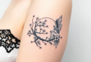 the sun or the moon being wrapped w cherry blossom tree with an angel laying on the moon or lookin at the sun holding its hand out tattoo idea