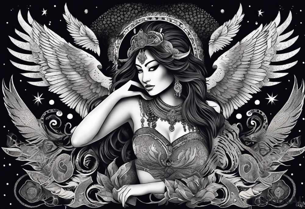 black kali, goddess pirate, alien, angel, pachamama, valkrye, warrior, flying, skull, lotus azul, wing, eagle, zenza resonance, stars, 5D, anahata chakra, death, durga, riding on a tiger, flying lady, kundalini, chest tatoo, samuri, rebel,serpent tattoo idea