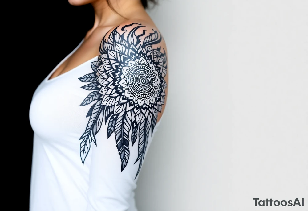 spiritual feather indian mandala shaman tattoo idea