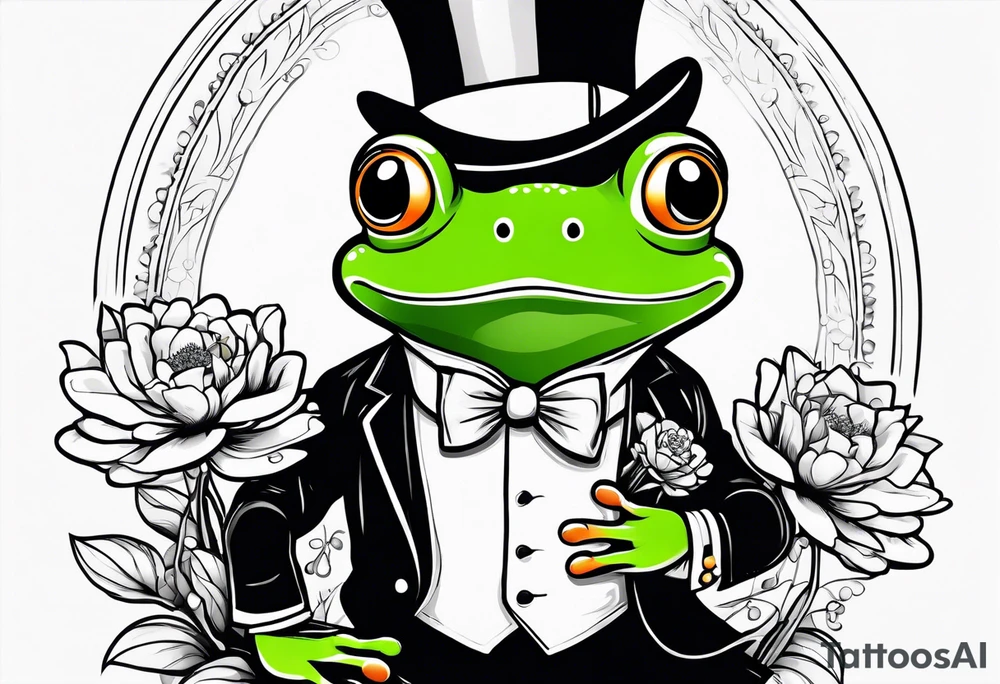 Cute Frog smiling wearing top hat and a suit standing on its Back legs while holding flowers tattoo idea