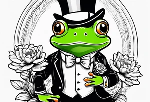 Cute Frog smiling wearing top hat and a suit standing on its Back legs while holding flowers tattoo idea