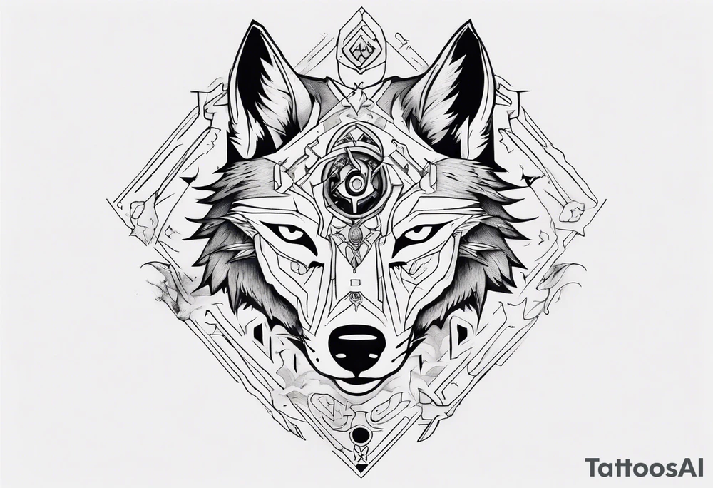 wolf head with zelda symbols mixed into the design tattoo idea