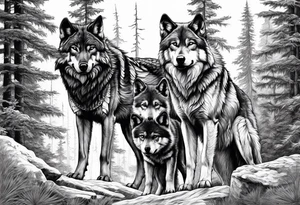 Wilderness large wolf scene with the dad wolf protecting the pack tattoo idea