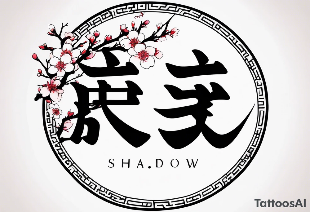 “Shadow”kanji inside half circle with small cherry blossoms tattoo idea “Shadow”kanji inside half circle with small cherry blossoms tattoo idea