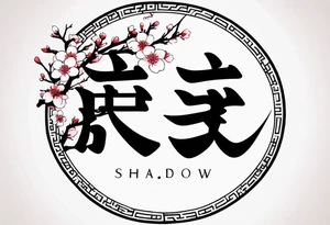 “Shadow”kanji inside half circle with small cherry blossoms tattoo idea
