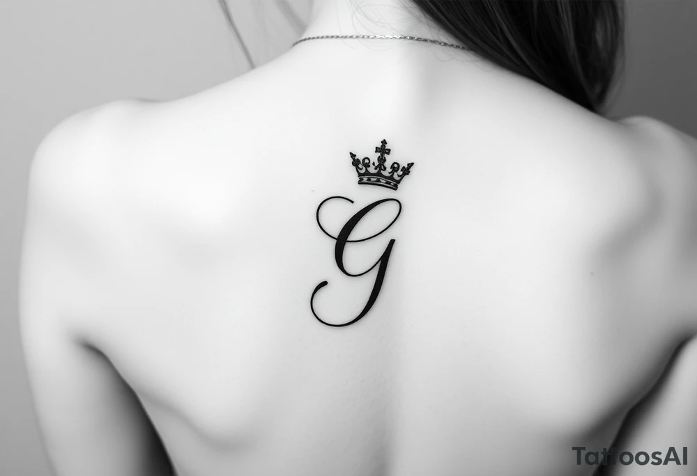 Capital G letter handwritten script with a crown tilted to the left on the front right shoulder tattoo idea