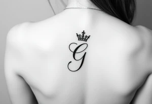 Capital G letter handwritten script with a crown tilted to the left on the front right shoulder tattoo idea