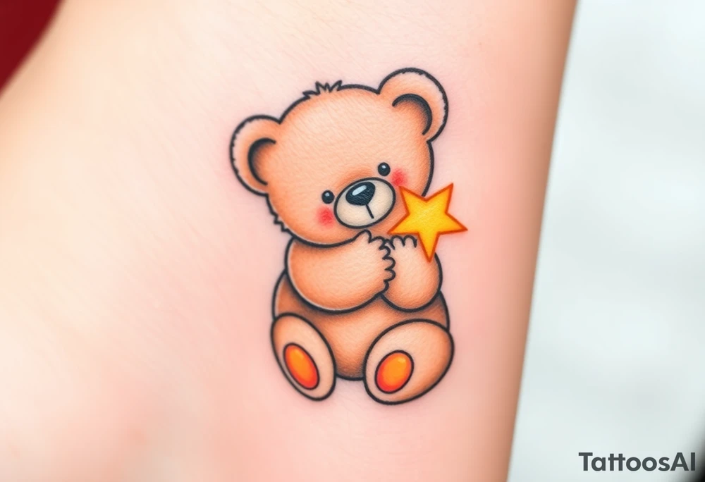 A teddy bear hugging a tiny star, in soft brown and glowing yellow, representing comfort and security. tattoo idea