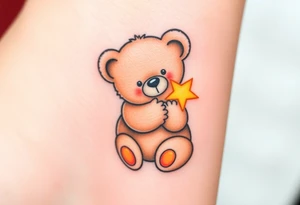 A teddy bear hugging a tiny star, in soft brown and glowing yellow, representing comfort and security. tattoo idea