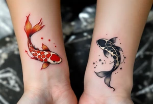 One wears a koi fish swimming upstream in orange and white, the other a koi swimming downstream in black and gold, together forming yin and yang balance. tattoo idea
