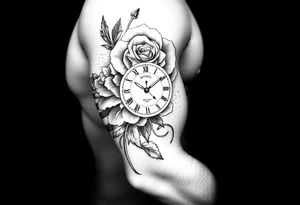 grafica realistica con una rosa, un orologio, una fenice ultra realistica e la bandiera americana tattoo idea