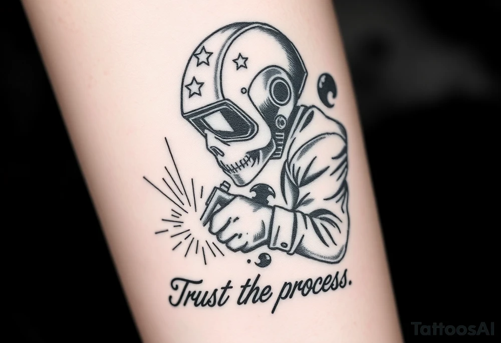 Create a tattoo, in black and white, of a welder, wearing a welder's helmet with stars on it. from only the arms up, welding on a skull Include sparks, and subtle smoke throughout the background as well as the quote, trust the process, at the bottom where the arm meets the wrist. This needs to be sized for a forearm, add shading in the background in the form of smoke tattoo idea