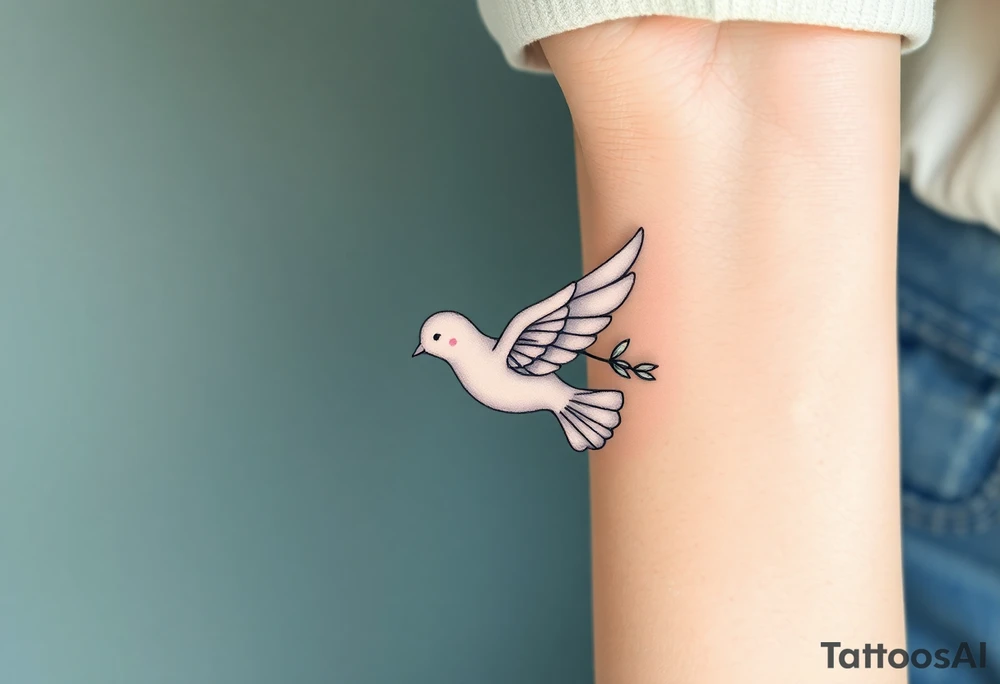 A delicate dove with outstretched wings, in soft white and gentle silver tones, carrying an olive branch tattoo idea