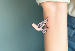 A delicate dove with outstretched wings, in soft white and gentle silver tones, carrying an olive branch tattoo idea