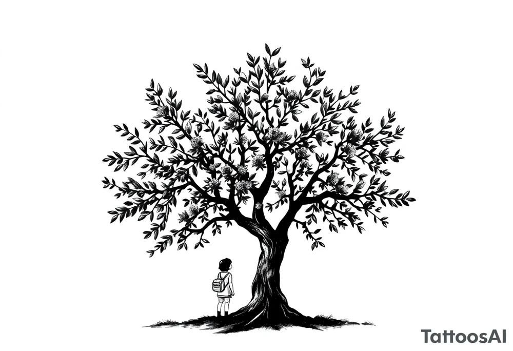 A big olive tree with a child and his parents picking it tattoo idea