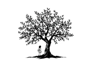 A big olive tree with a child and his parents picking it tattoo idea