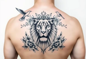 powerful majestic lion with a crown, surrounded by floral ornaments and birds tattoo idea