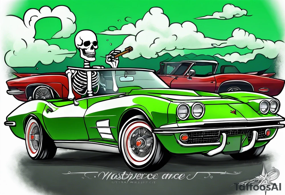 Skeleton smoking a cigarette driving a green 1976 convertible Corvette tattoo idea