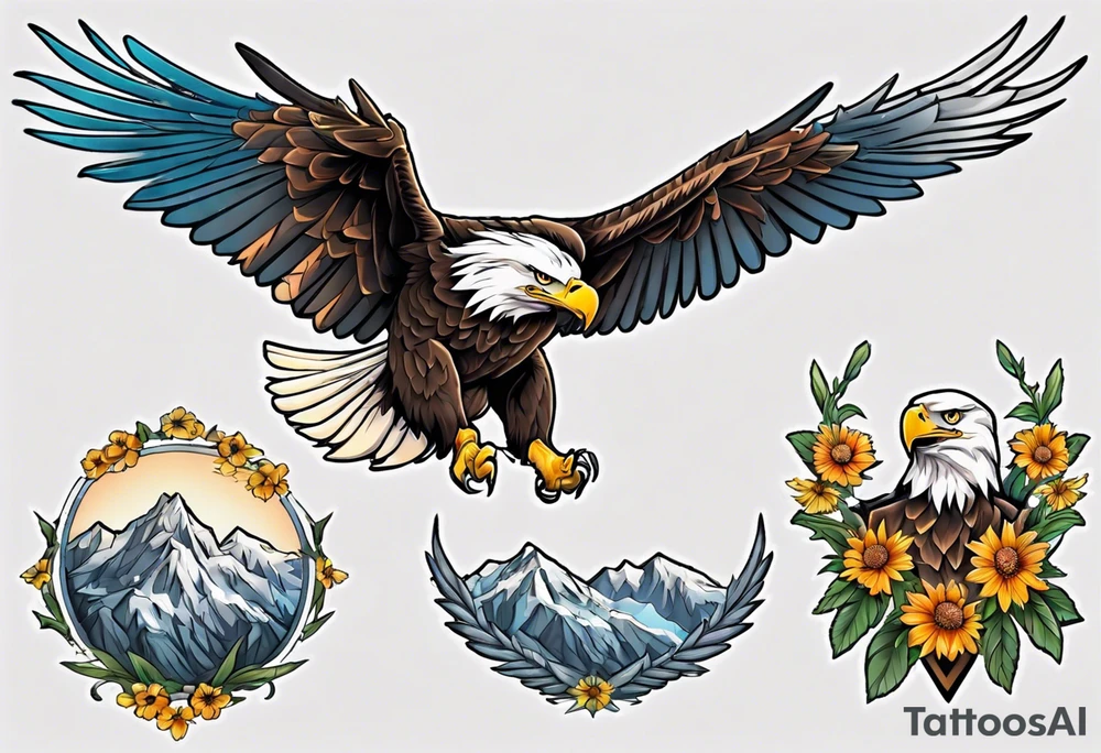 bald eagle with wings spread with mountain flowers in the background tattoo idea