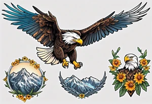 bald eagle with wings spread with mountain flowers in the background tattoo idea