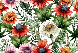 wildflowers with thistles, ferns, white flowers, cream flowers, green flowers, pink flowers, burnt orange flowers, red flowers, berries and all in watercolor tattoo idea