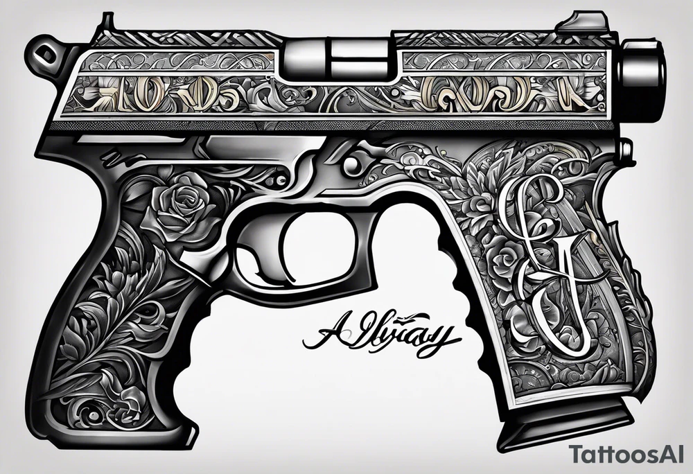 The letters AR with a pistol on each side and the word always on the top and the word ready on the bottom tattoo idea