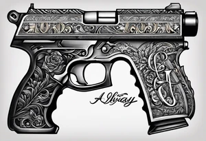 The letters AR with a pistol on each side and the word always on the top and the word ready on the bottom tattoo idea