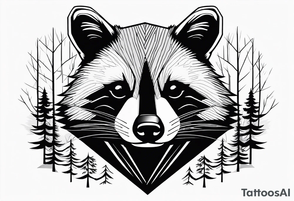 Vertical portrait of raccoon with trees in background shaped like a diamond tattoo idea
