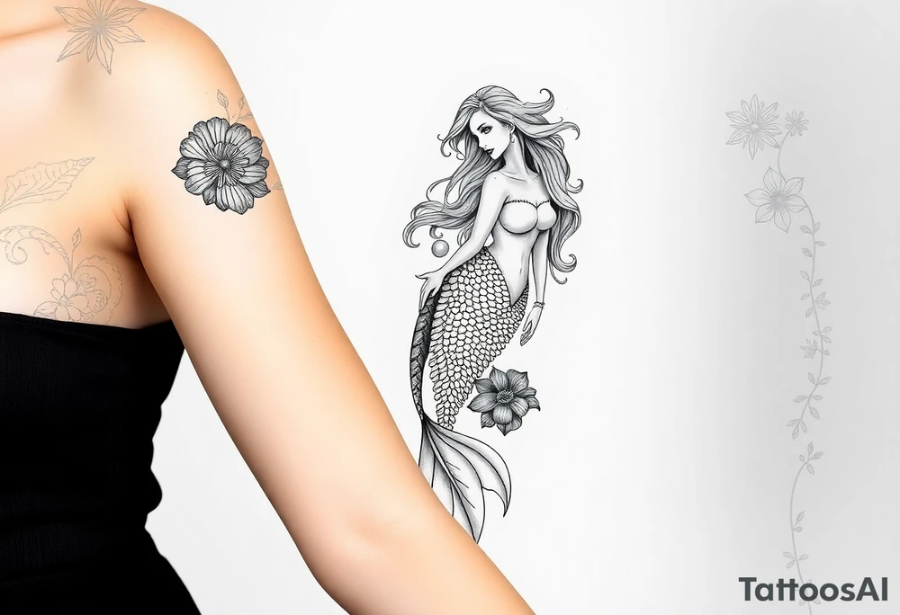 ethereal mermaid with flowing hair among coral and sea flowers tattoo idea
