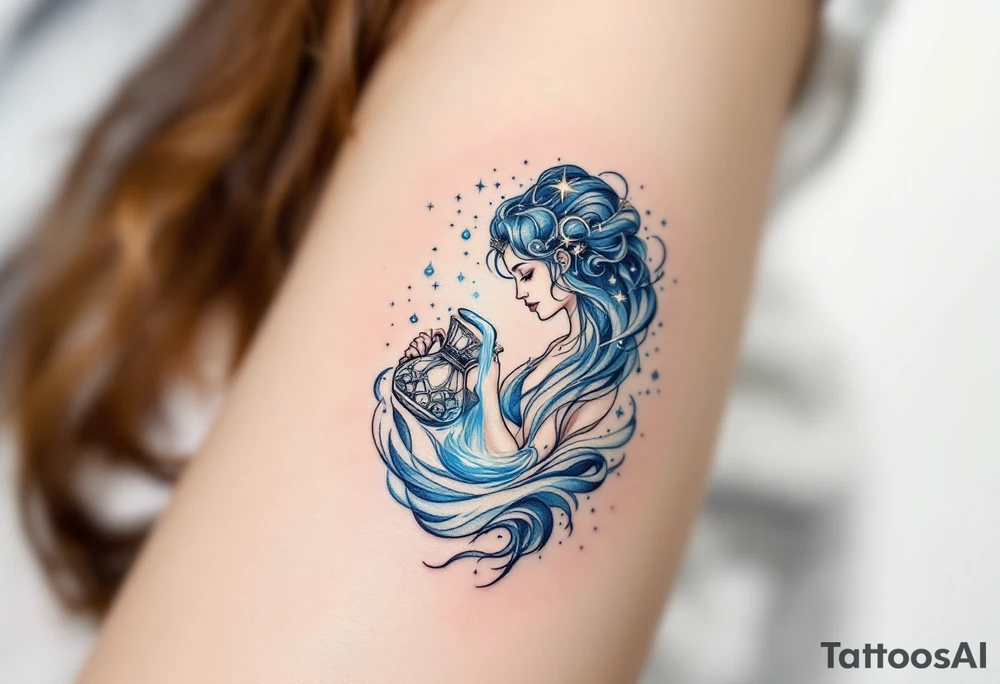 A mystical Aquarius water bearer, pouring glowing celestial water from an ornate jug, surrounded by swirling cosmic mist in shades of deep blue and silver. tattoo idea