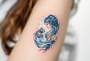 A mystical Aquarius water bearer, pouring glowing celestial water from an ornate jug, surrounded by swirling cosmic mist in shades of deep blue and silver. tattoo idea