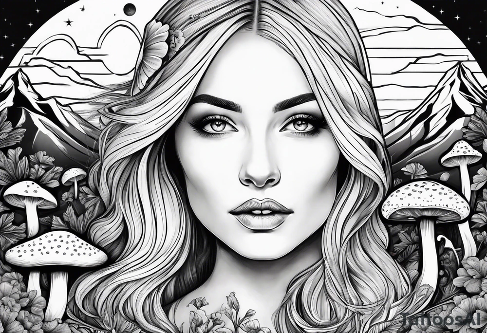 Blonde long straight hair older woman surrounded by mushrooms mountains crescent moon background tattoo idea