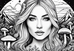 Blonde long straight hair older woman surrounded by mushrooms mountains crescent moon background tattoo idea