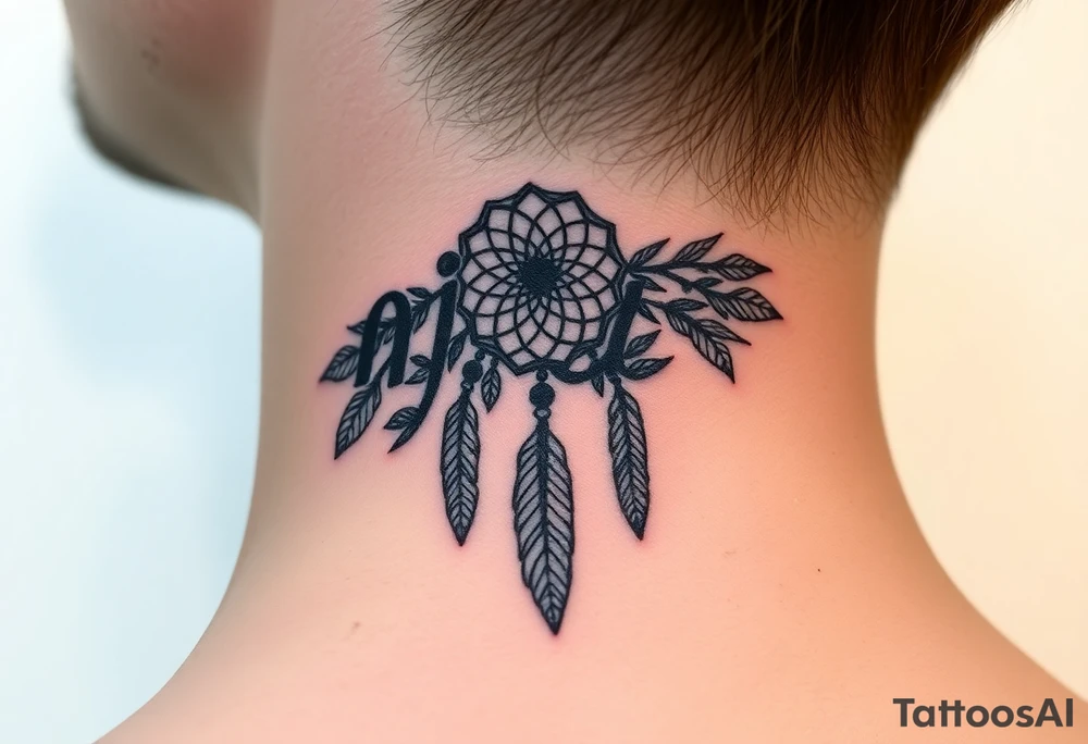 Name Nia in a dreamcatcher feathers faded tattoo idea
