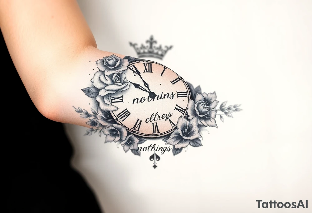Roman clock with roses and a crown,  a quote that says nothings forever. and on the bottom a deck of cards tattoo idea