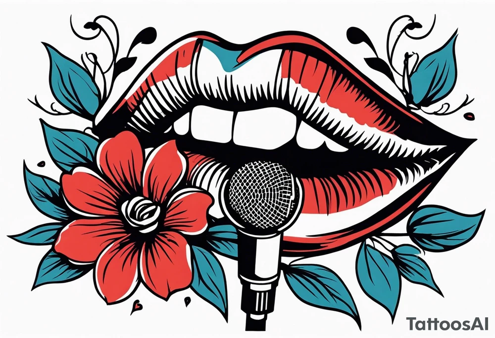 lips singing old school vintage traditional
flowers around and mouth next to microphone tattoo idea