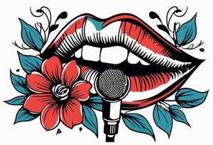 lips singing old school vintage traditional
flowers around and mouth next to microphone tattoo idea