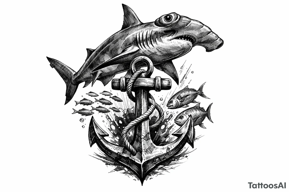 a hammerhead-shark, under it an anchor,fishes. tattoo idea