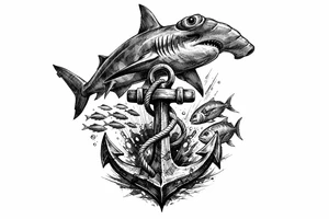 a hammerhead-shark, under it an anchor,fishes. tattoo idea