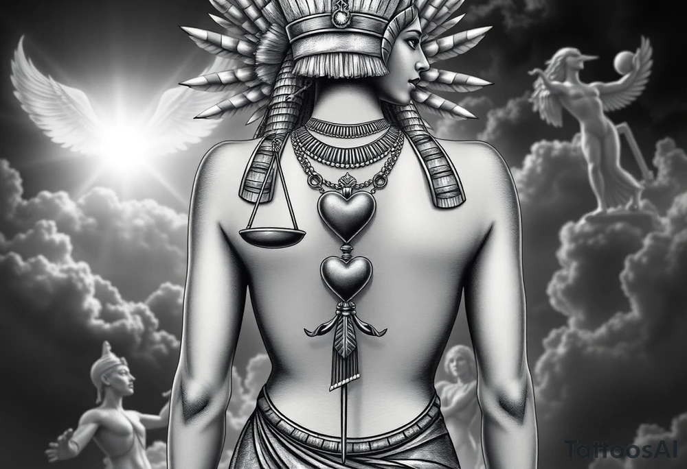 Beautiful Egyptian goddess with a curvy body and breasts covered by a slim dress. She is wearing an ostrich feather headdress, and intricate ancient Egyptian jewelry the Anhk necklace. Background includes something similar to heaven. Incorporate the Scales of Justice—one side holding a heart, the other Ma’at’s feather—glowing with ethereal energy. Emphasize dramatic lighting, deep shadows, and surreal, mystical atmosphere tattoo idea
